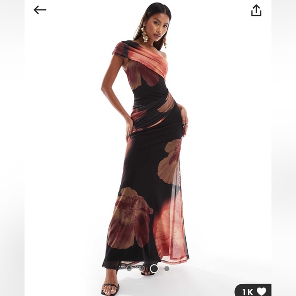 ASOS DESIGN Mesh Twist One Shoulder Midi Dress w/ Pink Floral - Picture 3 of 5